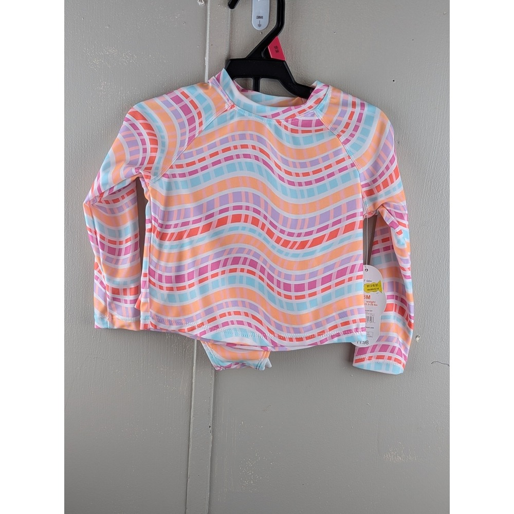 Wonder Nation Baby Girls Rash Guard Swimsuit Set 18M Pink Orange Wavy UPF 50+